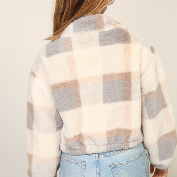 TIMING Plaid Fuzzy Zip Up High Neck Jacket - Picture 5 of 7